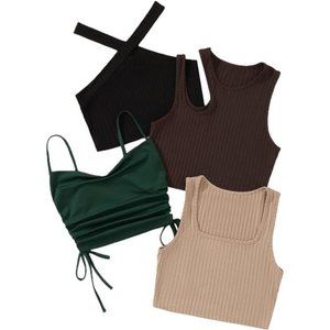 4 Pcs Ribbed Knit Sleeveless Crop Tank Top Set